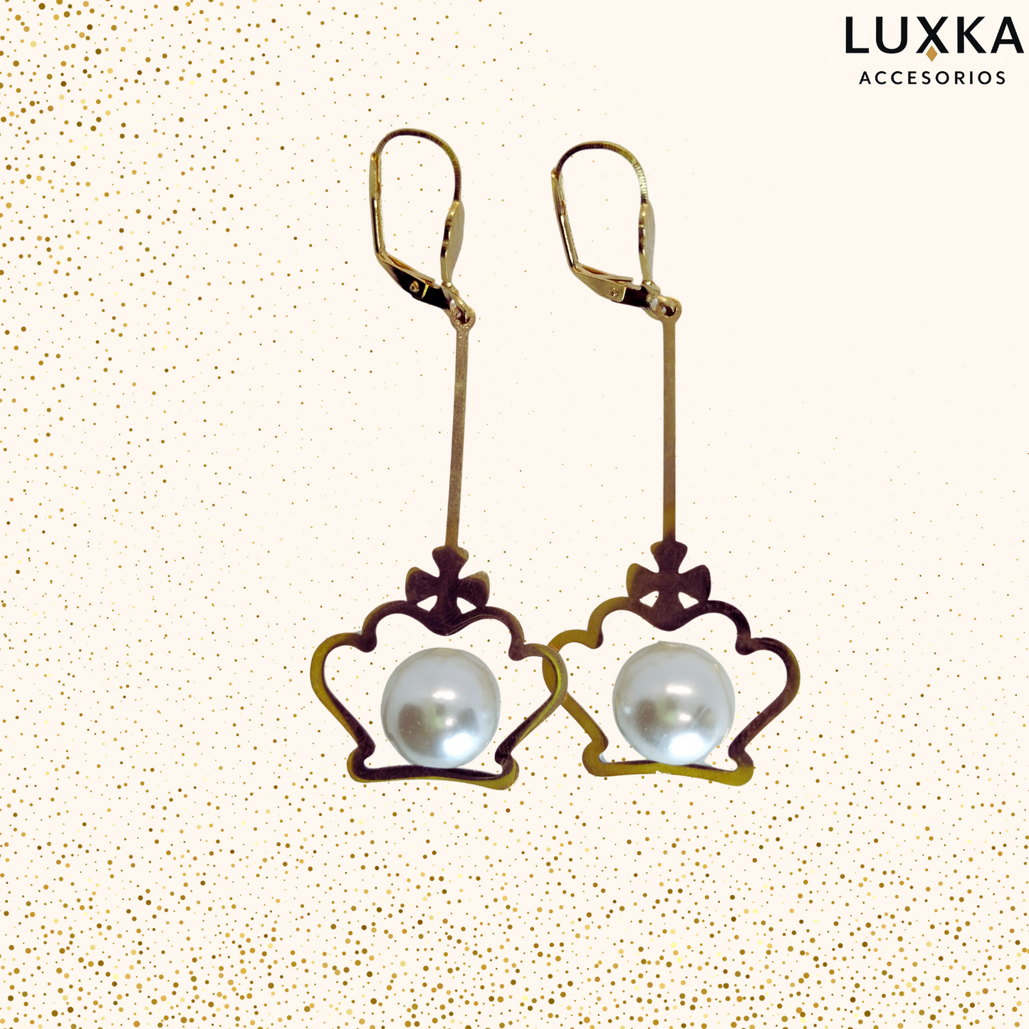 Aretes Perla en acero inoxidable – Largos 6 cm con detalle dorado