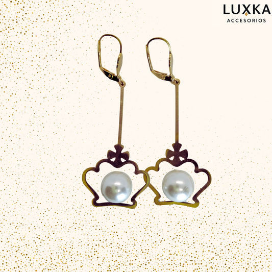 Aretes Perla en acero inoxidable – Largos 6 cm con detalle dorado