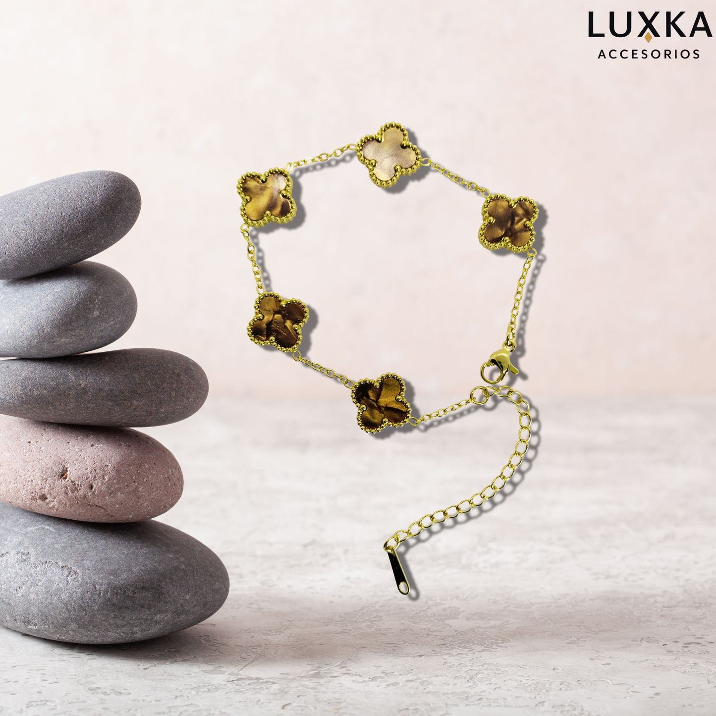 Pulsera Trébol en acero inoxidable – Dorada 24 cm ajustable